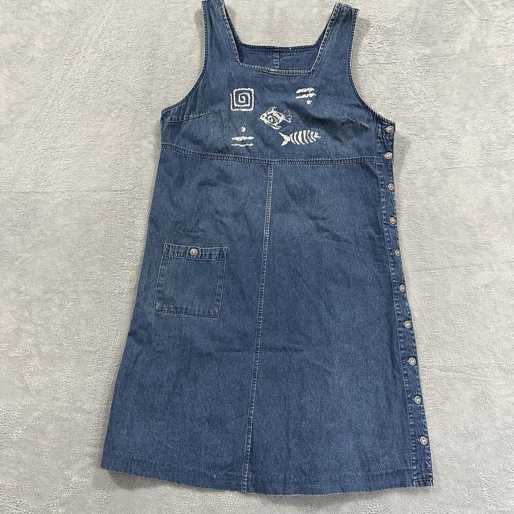 Blue J. Denim Overall Women's Large Maxi Logo Fish Side Buttons Vintage Pocket